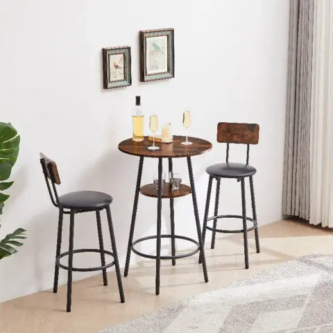 Round Bar Stool Set With Shelf, Upholstered Stool With Backrest, Rustic Brown 8