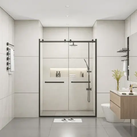Semi Frameless Double Sliding Glass Shower Doors, 60 Width X 76height With 38(10mm) Clear Tempered Glass, Matt Black Finish 2