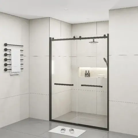 Semi Frameless Double Sliding Glass Shower Doors, 60 Width X 76height With 38(10mm) Clear Tempered Glass, Matt Black Finish 4