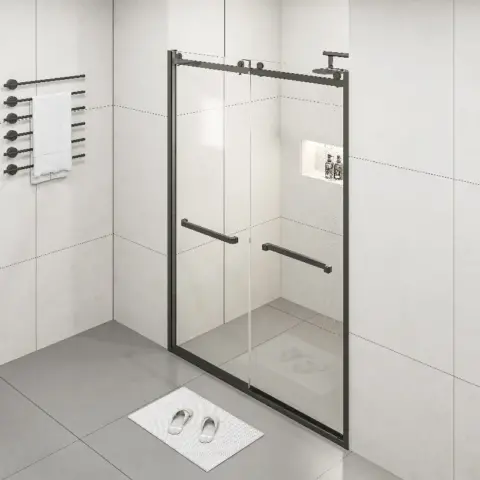 Semi Frameless Double Sliding Glass Shower Doors, 60 Width X 76height With 38(10mm) Clear Tempered Glass, Matt Black Finish 7