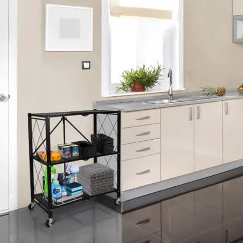 Simple Deluxe 3 Tier Heavy Duty Foldable Metal Rack Storage Shelving Unit With Wheels Moving Easily Organizer Shelves Great For Garage Kitchen 3