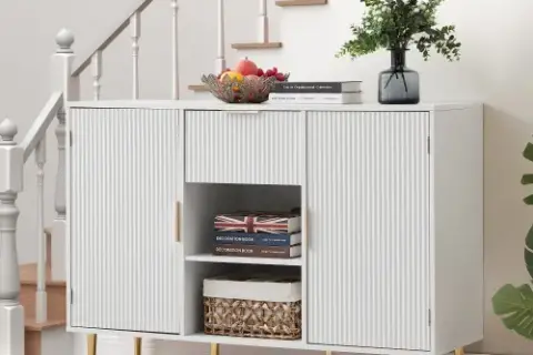 Storage Cabinet Wave Pattern With Drawers Buffets & Sideboards For Living Room, Dining Room, Bedroom , Hall, White, 47.2''w X 15.8''d X 33.5''h 02