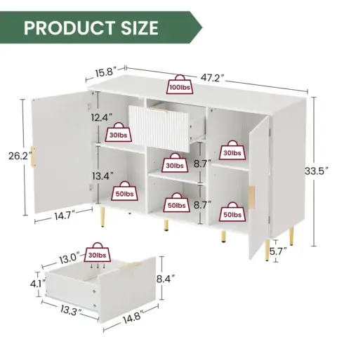 Storage Cabinet Wave Pattern With Drawers Buffets & Sideboards For Living Room, Dining Room, Bedroom , Hall, White, 47.2''w X 15.8''d X 33.5''h 21