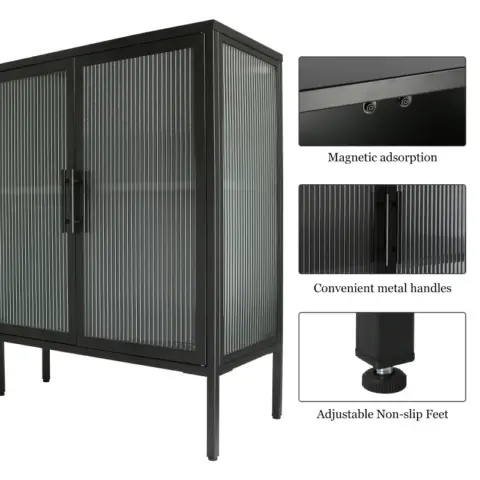 Stylish 4 Door Tempered Glass Cabinet With 4 Glass Doors Adjustable Shelf And Feet Anti Tip Dust Free Fluted Glass Kitchen Credenza 1