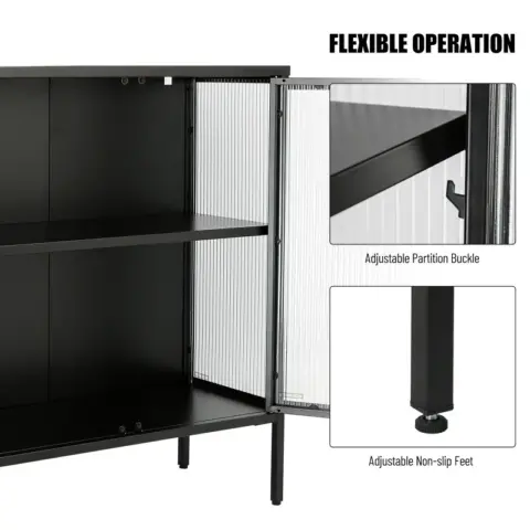 Stylish 4 Door Tempered Glass Cabinet With 4 Glass Doors Adjustable Shelf And Feet Anti Tip Dust Free Fluted Glass Kitchen Credenza 13