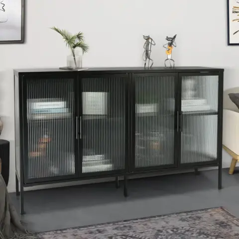 Stylish 4 Door Tempered Glass Cabinet With 4 Glass Doors Adjustable Shelf And Feet Anti Tip Dust Free Fluted Glass Kitchen Credenza 15