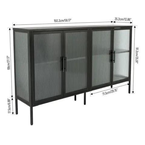 Stylish 4 Door Tempered Glass Cabinet With 4 Glass Doors Adjustable Shelf And Feet Anti Tip Dust Free Fluted Glass Kitchen Credenza 16