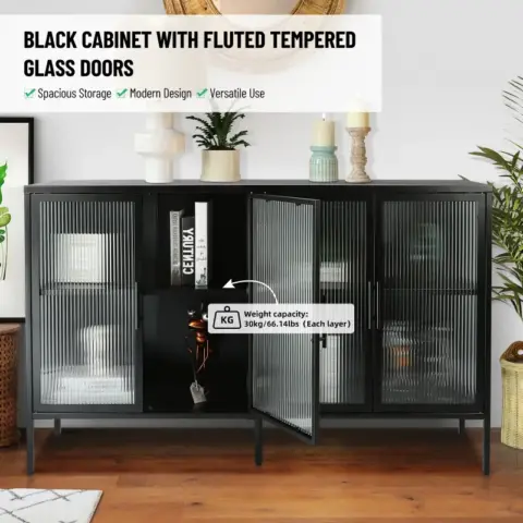 Stylish 4 Door Tempered Glass Cabinet With 4 Glass Doors Adjustable Shelf And Feet Anti Tip Dust Free Fluted Glass Kitchen Credenza 2