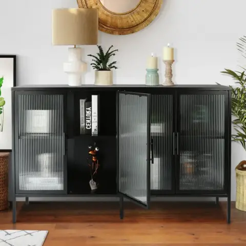 Stylish 4 Door Tempered Glass Cabinet With 4 Glass Doors Adjustable Shelf And Feet Anti Tip Dust Free Fluted Glass Kitchen Credenza 3