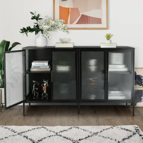 Stylish 4 Door Tempered Glass Cabinet With 4 Glass Doors Adjustable Shelf And Feet Anti Tip Dust Free Fluted Glass Kitchen Credenza 6