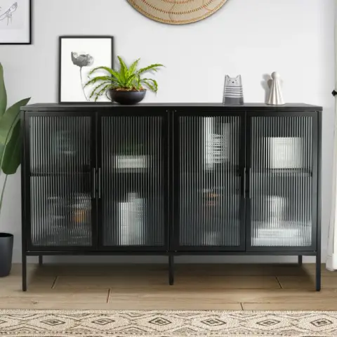 Stylish 4 Door Tempered Glass Cabinet With 4 Glass Doors Adjustable Shelf And Feet Anti Tip Dust Free Fluted Glass Kitchen Credenza 7