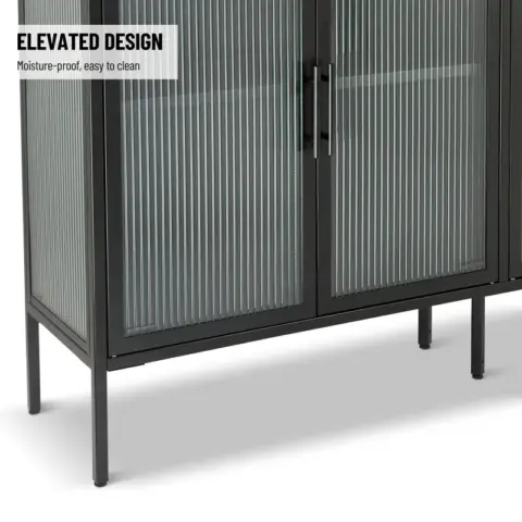 Stylish 4 Door Tempered Glass Cabinet With 4 Glass Doors Adjustable Shelf And Feet Anti Tip Dust Free Fluted Glass Kitchen Credenza 9