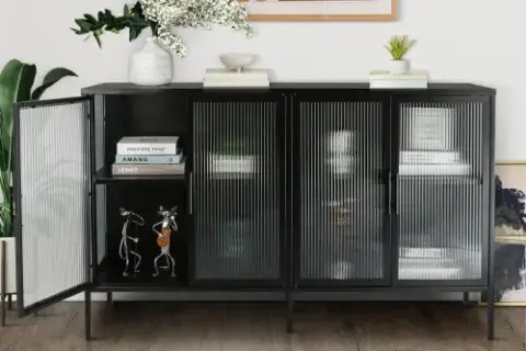 Stylish 4 Door Tempered Glass Cabinet With 4 Glass Doors Adjustable Shelf And Feet Anti Tip Dust Free Fluted Glass Kitchen Credenza Black
