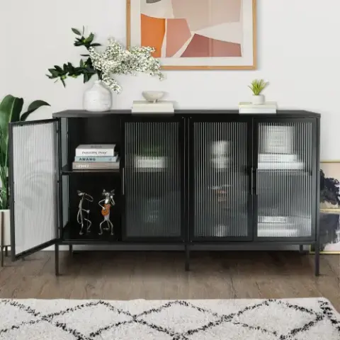 Stylish 4-Door Tempered Glass Cabinet with 4 Glass Doors Adjustable Shelf and Feet Anti-Tip Dust-free Fluted Glass Kitchen Credenza