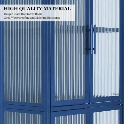 Stylish 4-Door Tempered Glass Cabinet with 4 Glass Doors Adjustable Shelves U-Shaped Leg Anti-Tip Dust-free Fluted Glass Kitchen Credenza