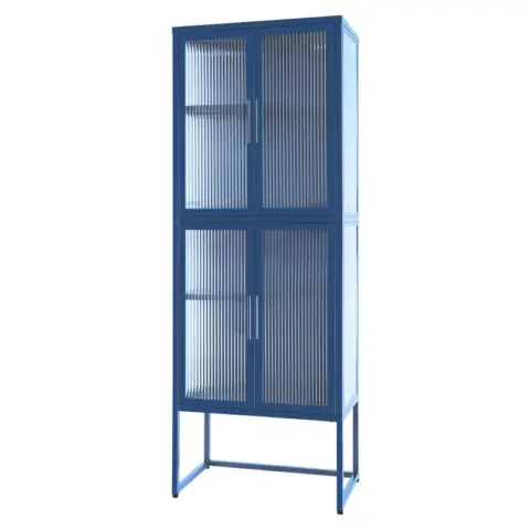 Stylish 4-Door Tempered Glass Cabinet with 4 Glass Doors Adjustable Shelves U-Shaped Leg Anti-Tip Dust-free Fluted Glass Kitchen Credenza