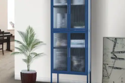 Stylish 4 Door Tempered Glass Cabinet With 4 Glass Doors Adjustable Shelves U Shaped Leg Anti Tip Dust Free Fluted Glass Kitchen Credenza Blue