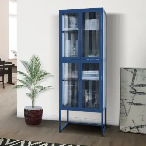 Stylish 4-Door Tempered Glass Cabinet with 4 Glass Doors Adjustable Shelves U-Shaped Leg Anti-Tip Dust-free Fluted Glass Kitchen Credenza