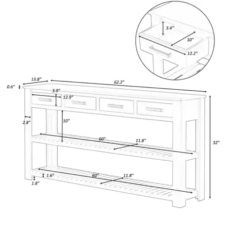 Stylish Entryway Console Table with 4 Drawers and 2 Shelves, Suitable for Entryways, Living Rooms