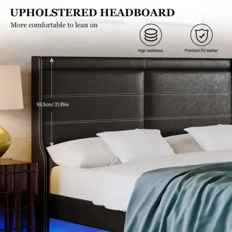 Stylish Queen Size Pu Leather Upholstered Bed Frame Platform Bed With Lights Stitched Wing Backed Headboard Strong Wooden Slats Bed Canopy 10