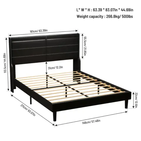 Stylish Queen Size Pu Leather Upholstered Bed Frame Platform Bed With Lights Stitched Wing Backed Headboard Strong Wooden Slats Bed Canopy 11