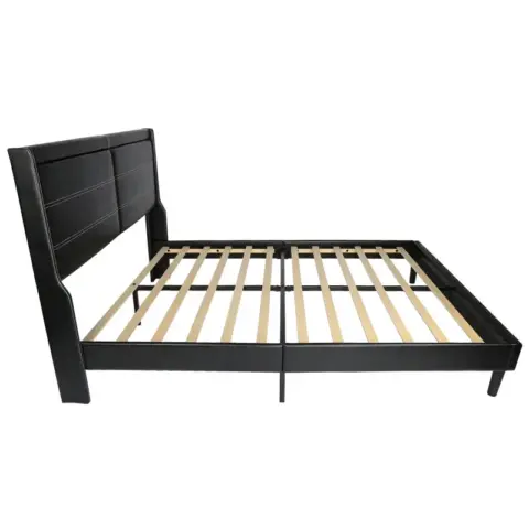 Stylish Queen Size Pu Leather Upholstered Bed Frame Platform Bed With Lights Stitched Wing Backed Headboard Strong Wooden Slats Bed Canopy 2