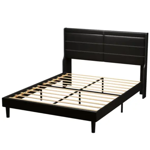 Stylish Queen Size Pu Leather Upholstered Bed Frame Platform Bed With Lights Stitched Wing Backed Headboard Strong Wooden Slats Bed Canopy 3