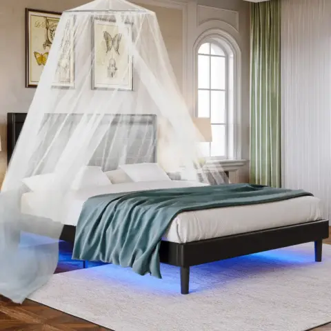 Stylish Queen Size Pu Leather Upholstered Bed Frame Platform Bed With Lights Stitched Wing Backed Headboard Strong Wooden Slats Bed Canopy 4