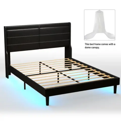 Stylish Queen Size Pu Leather Upholstered Bed Frame Platform Bed With Lights Stitched Wing Backed Headboard Strong Wooden Slats Bed Canopy 5