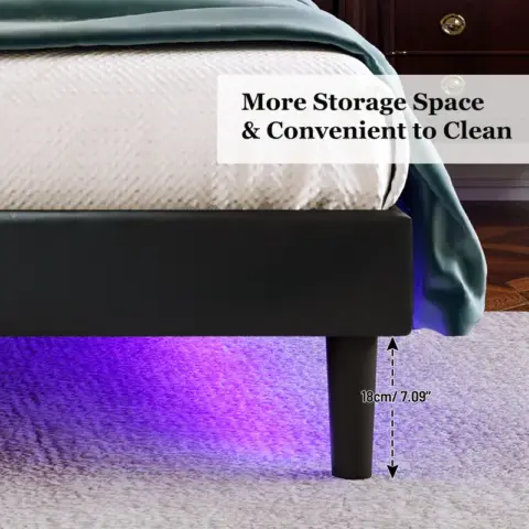 Stylish Queen Size Pu Leather Upholstered Bed Frame Platform Bed With Lights Stitched Wing Backed Headboard Strong Wooden Slats Bed Canopy 6