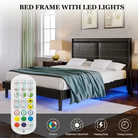 Stylish Queen Size Pu Leather Upholstered Bed Frame Platform Bed With Lights Stitched Wing Backed Headboard Strong Wooden Slats Bed Canopy 7