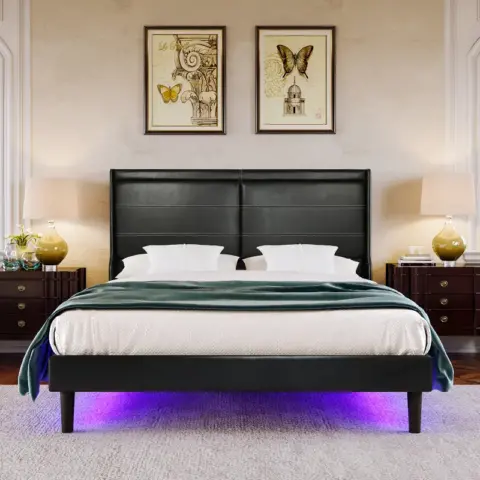 Stylish Queen Size Pu Leather Upholstered Bed Frame Platform Bed With Lights Stitched Wing Backed Headboard Strong Wooden Slats Bed Canopy 9