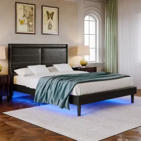 Stylish Queen Size PU Leather Upholstered Bed Frame Platform Bed with Lights Stitched Wing-backed Headboard Strong Wooden Slats Bed Canopy
