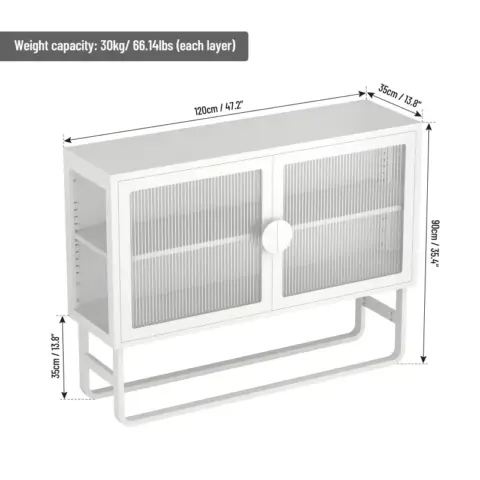 Stylish Tempered Glass Cabinet Credenza With 2 Fluted Glass Doors Adjustable Shelf U Shaped Leg Anti Tip Dust Free Enclosed Cupboard For Kitchen Living Room White 1