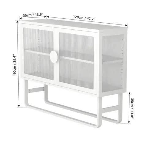 Stylish Tempered Glass Cabinet Credenza With 2 Fluted Glass Doors Adjustable Shelf U Shaped Leg Anti Tip Dust Free Enclosed Cupboard For Kitchen Living Room White 10