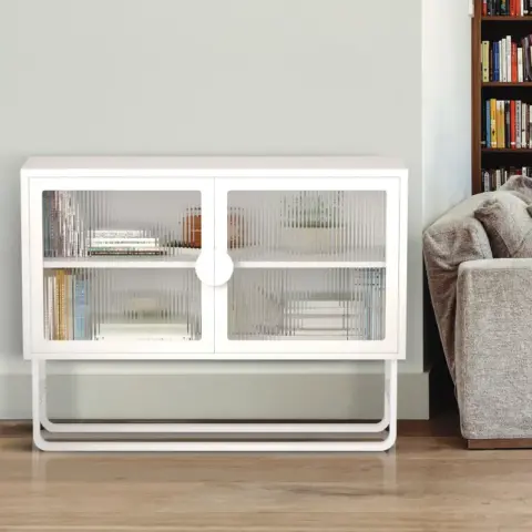 Stylish Tempered Glass Cabinet Credenza With 2 Fluted Glass Doors Adjustable Shelf U Shaped Leg Anti Tip Dust Free Enclosed Cupboard For Kitchen Living Room White 11