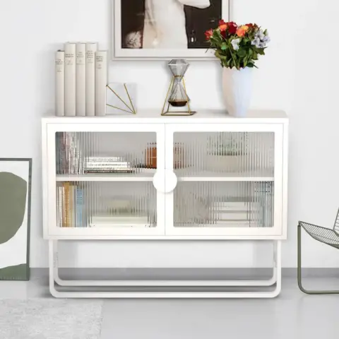 Stylish Tempered Glass Cabinet Credenza With 2 Fluted Glass Doors Adjustable Shelf U Shaped Leg Anti Tip Dust Free Enclosed Cupboard For Kitchen Living Room White 12