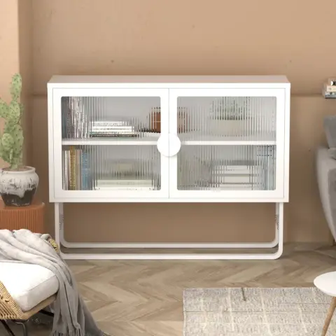 Stylish Tempered Glass Cabinet Credenza With 2 Fluted Glass Doors Adjustable Shelf U Shaped Leg Anti Tip Dust Free Enclosed Cupboard For Kitchen Living Room White 14