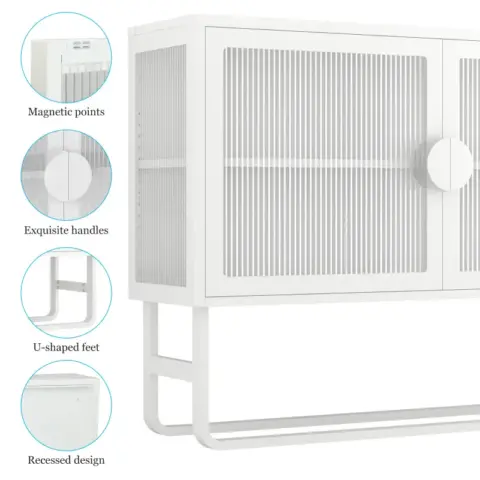 Stylish Tempered Glass Cabinet Credenza With 2 Fluted Glass Doors Adjustable Shelf U Shaped Leg Anti Tip Dust Free Enclosed Cupboard For Kitchen Living Room White 16