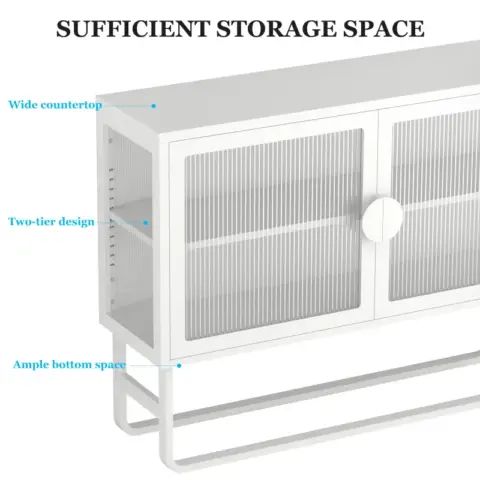 Stylish Tempered Glass Cabinet Credenza With 2 Fluted Glass Doors Adjustable Shelf U Shaped Leg Anti Tip Dust Free Enclosed Cupboard For Kitchen Living Room White 17