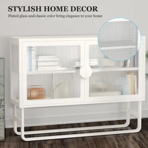 Stylish Tempered Glass Cabinet Credenza With 2 Fluted Glass Doors Adjustable Shelf U Shaped Leg Anti Tip Dust Free Enclosed Cupboard For Kitchen Living Room White 18