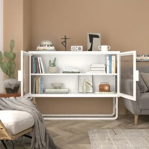 Stylish Tempered Glass Cabinet Credenza With 2 Fluted Glass Doors Adjustable Shelf U Shaped Leg Anti Tip Dust Free Enclosed Cupboard For Kitchen Living Room White 19