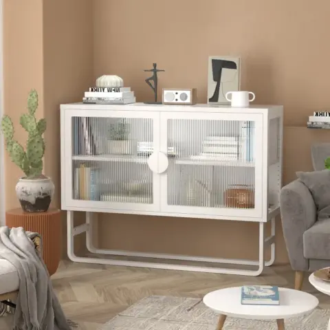 Stylish Tempered Glass Cabinet Credenza With 2 Fluted Glass Doors Adjustable Shelf U Shaped Leg Anti Tip Dust Free Enclosed Cupboard For Kitchen Living Room White 2