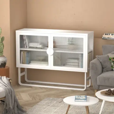 Stylish Tempered Glass Cabinet Credenza With 2 Fluted Glass Doors Adjustable Shelf U Shaped Leg Anti Tip Dust Free Enclosed Cupboard For Kitchen Living Room White 20