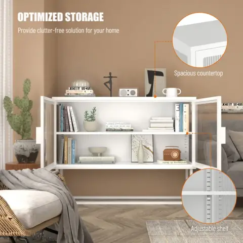 Stylish Tempered Glass Cabinet Credenza With 2 Fluted Glass Doors Adjustable Shelf U Shaped Leg Anti Tip Dust Free Enclosed Cupboard For Kitchen Living Room White 22