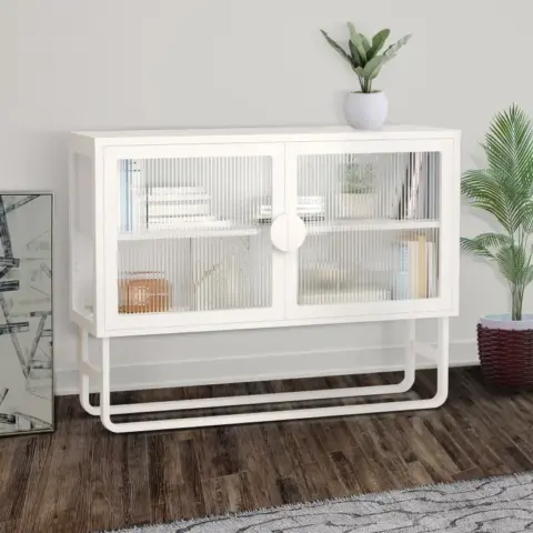 Stylish Tempered Glass Cabinet Credenza With 2 Fluted Glass Doors Adjustable Shelf U Shaped Leg Anti Tip Dust Free Enclosed Cupboard For Kitchen Living Room White 23