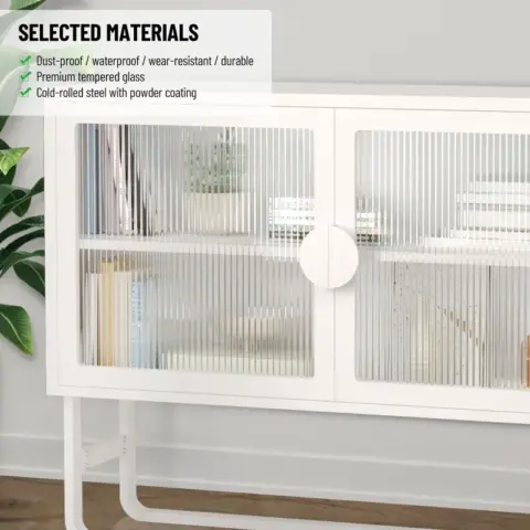 Stylish Tempered Glass Cabinet Credenza With 2 Fluted Glass Doors Adjustable Shelf U Shaped Leg Anti Tip Dust Free Enclosed Cupboard For Kitchen Living Room White 24