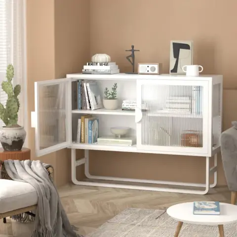 Stylish Tempered Glass Cabinet Credenza With 2 Fluted Glass Doors Adjustable Shelf U Shaped Leg Anti Tip Dust Free Enclosed Cupboard For Kitchen Living Room White 27
