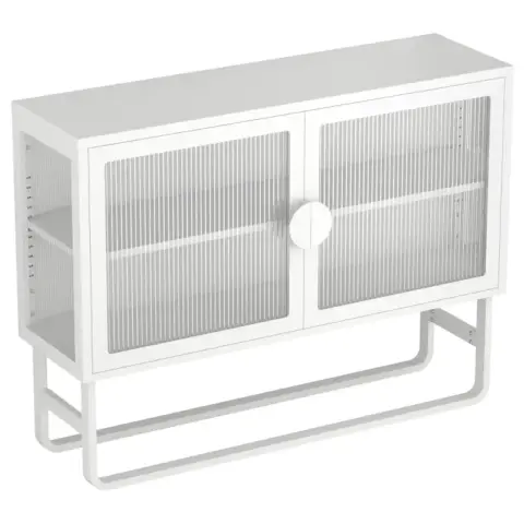Stylish Tempered Glass Cabinet Credenza With 2 Fluted Glass Doors Adjustable Shelf U Shaped Leg Anti Tip Dust Free Enclosed Cupboard For Kitchen Living Room White 3