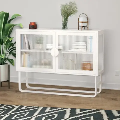 Stylish Tempered Glass Cabinet Credenza With 2 Fluted Glass Doors Adjustable Shelf U Shaped Leg Anti Tip Dust Free Enclosed Cupboard For Kitchen Living Room White 4